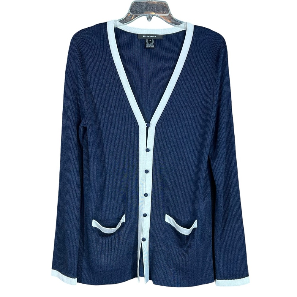 Navy Blue Cardigan Sweater with White Trim